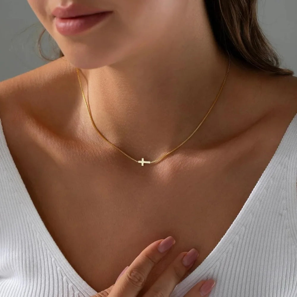 Cross Necklace for Women 14K Gold Silver Plated Dainty Small Cross Pendant Choker Simple Trendy Cute Cross Charm Chain Necklace