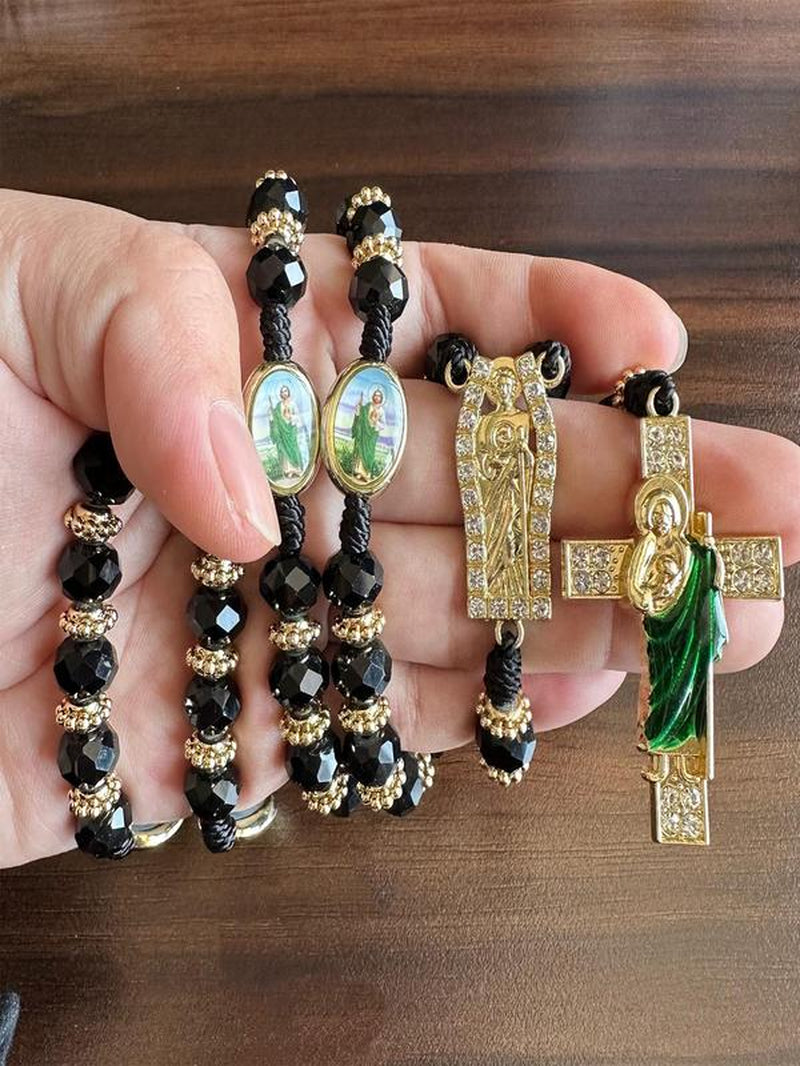 Rosary Saint Jude Virgin Mary Green Crystal Beads Catholic Necklace Cross Pendant Protection Blessing Charm Catholic Handmade Jewelry Gift Charms Car Hanging Charm Christmas Halloween Gift for Men Women