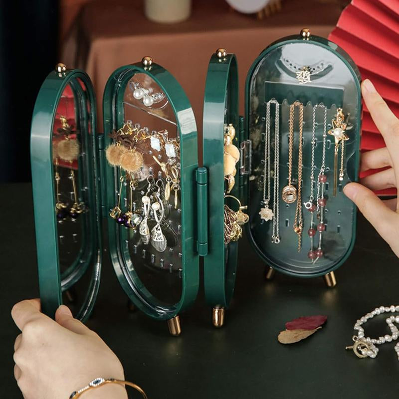 Green Foldable Jewelry Organizer with Mirror, 4-Tier Dustproof Display Box for Earrings and Necklaces, Features 153 Slots