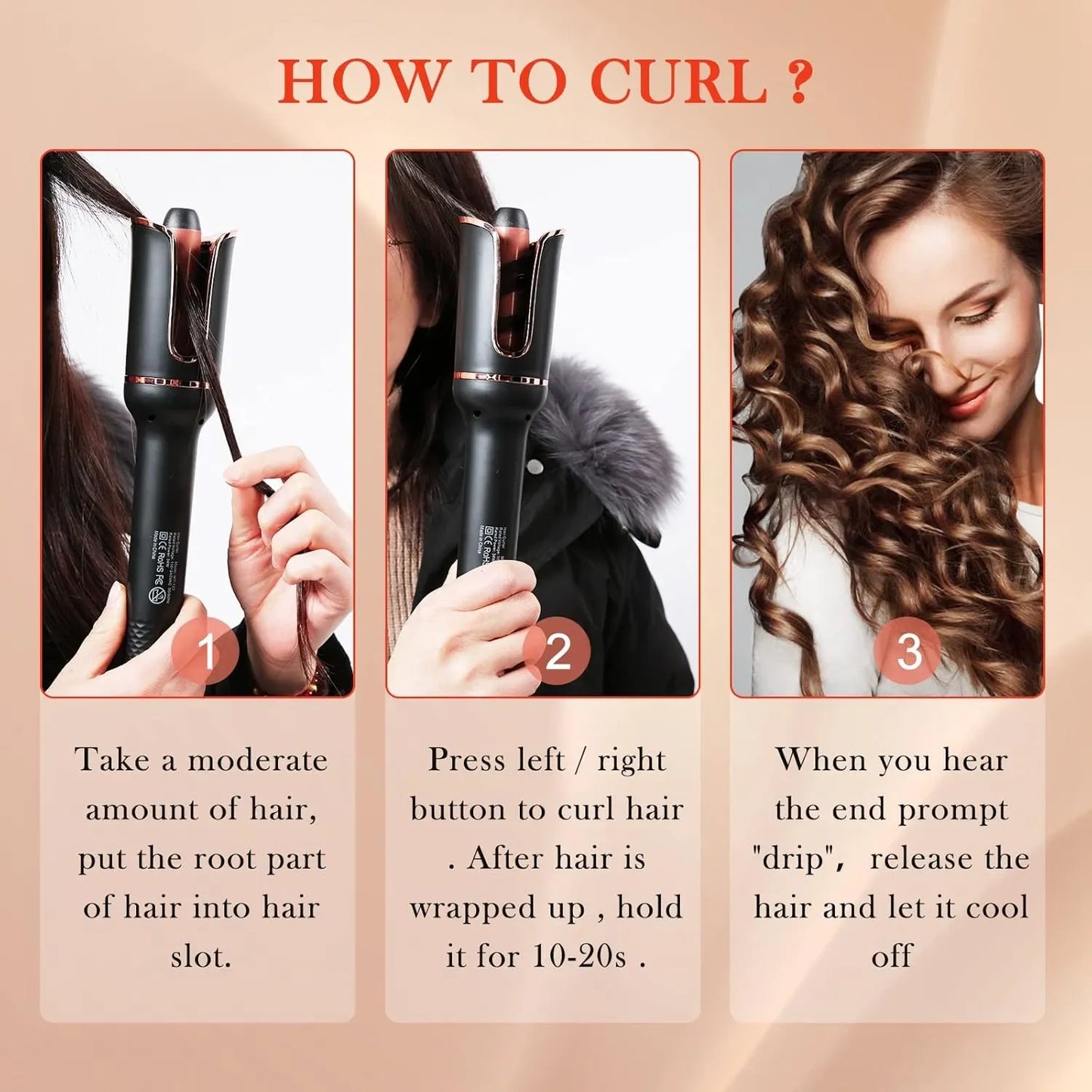 Automatic Curling Iron, Ceramic Ionic Auto-Rotating Hair Curling Wand with Anti-Stuck Technology - Black