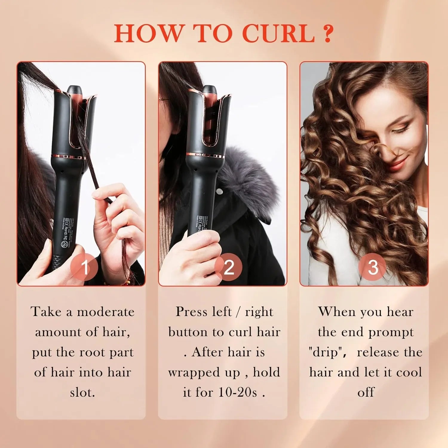 Automatic Curling Iron, Ceramic Ionic Auto-Rotating Hair Curling Wand with Anti-Stuck Technology - Black