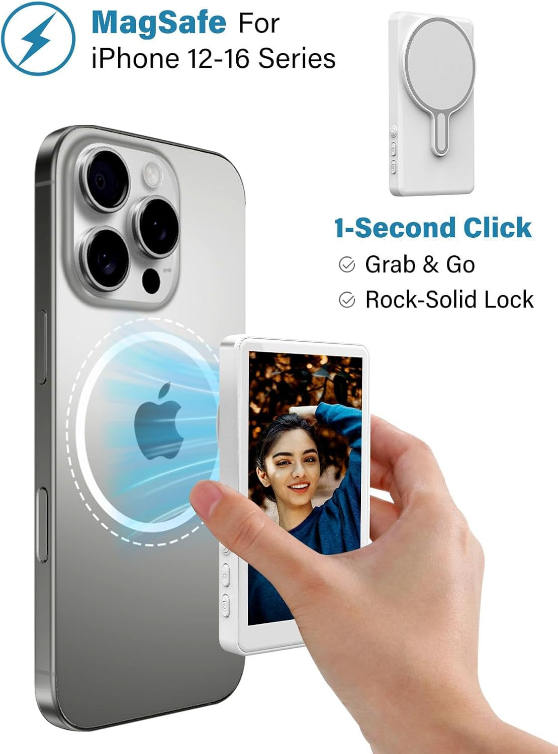 Selfie Monitor Screen for Iphone 12-16 | Magnetic Back Camera Vlog Monitor with 4K/60Fps | Wireless Zero-Delay & 33Ft Remote | 6H Battery USB-C Fast Charge | HD Display for Tiktok/Youtube