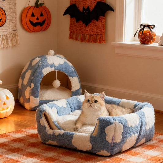 LESURE Cute Cat Beds for Indoor Cats - 2 in 1 Cat Cave Bed with Removable Washable Cushioned Pillow, Cozy Cat Tent House Design Pet Supplies Portable Blanket