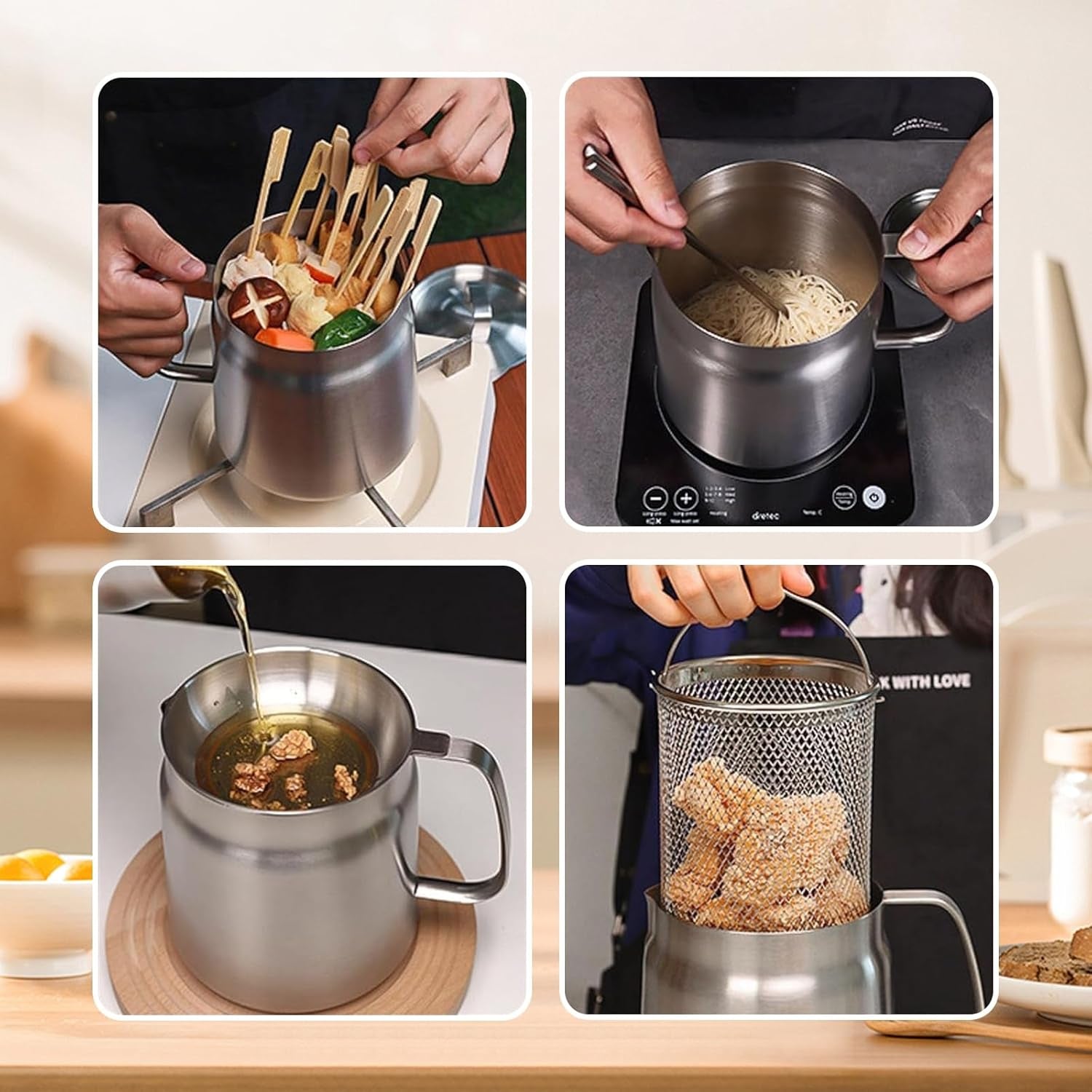 68Oz 304 Stainless Steel Oil Filter Pot Large Capacity Versatile Oil Filter Vessel Heavy Duty Stainless Steel Bacon Grease Container Multi-Function Frying Net Tank for Kitchen Camping (68Oz/2L)