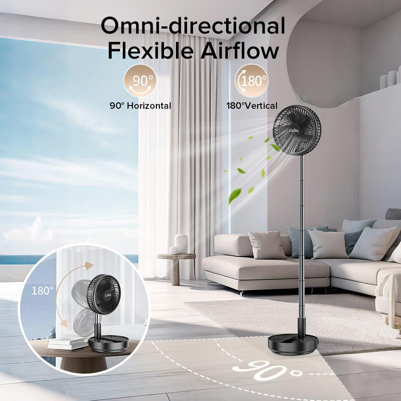 Czlife F9 Portable Fan, 10000Mah Rechargeable Battery Powered Travel Fan for Sleeping Camping Bedroom Outdoor, Cordless Floor Desk Fan, Oscillating Folding USB Fan with Remote,New Arrival, 4 Speed, Timer, 7.7"