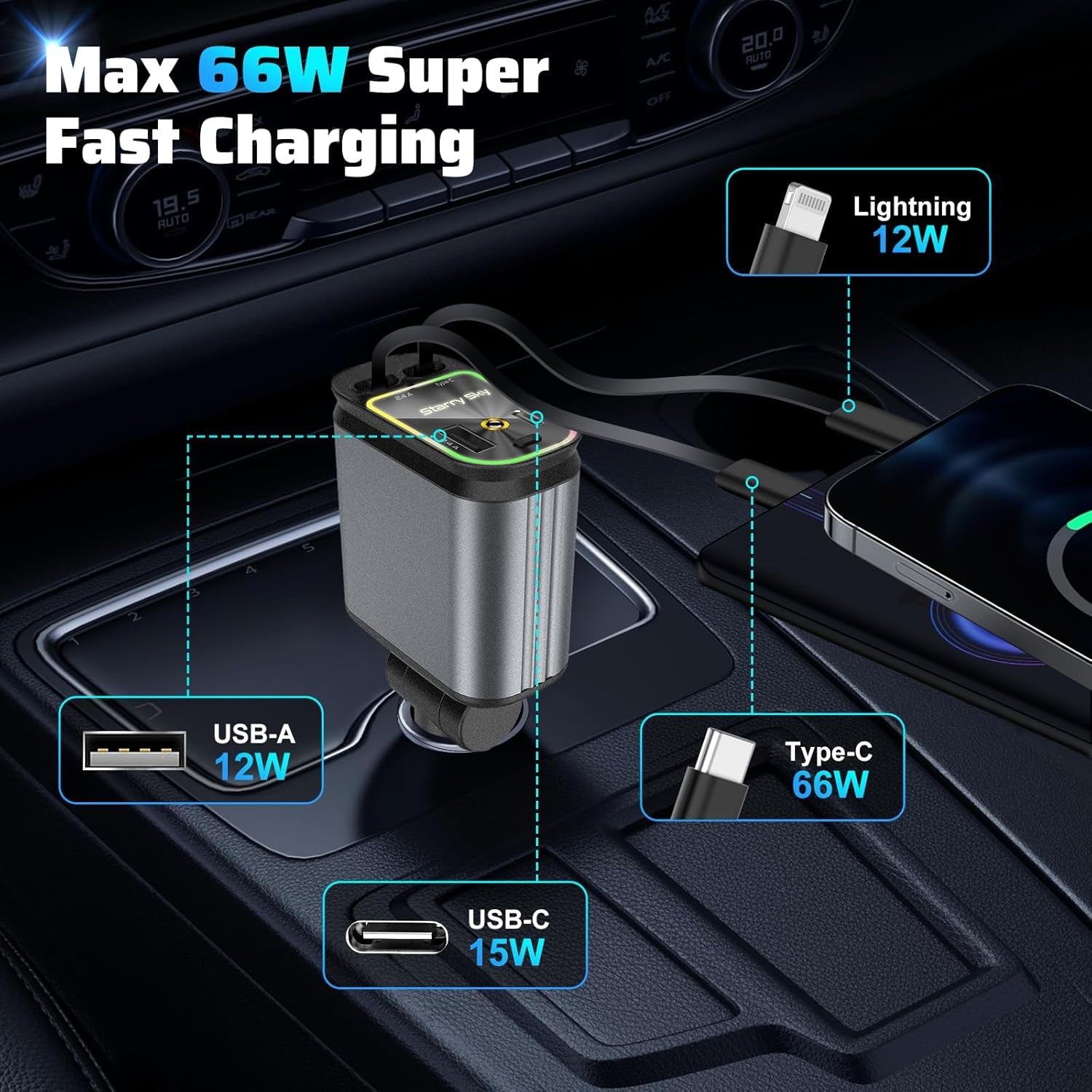 Starlight Retractable Car Charger: Car Accessories with Starlight in Car Roof, Car Chargers USB C, Fast Charging Adapter & Dual Charge Ports, 4 in 1 Car Phone Charger for Iphone Ipad Airpods