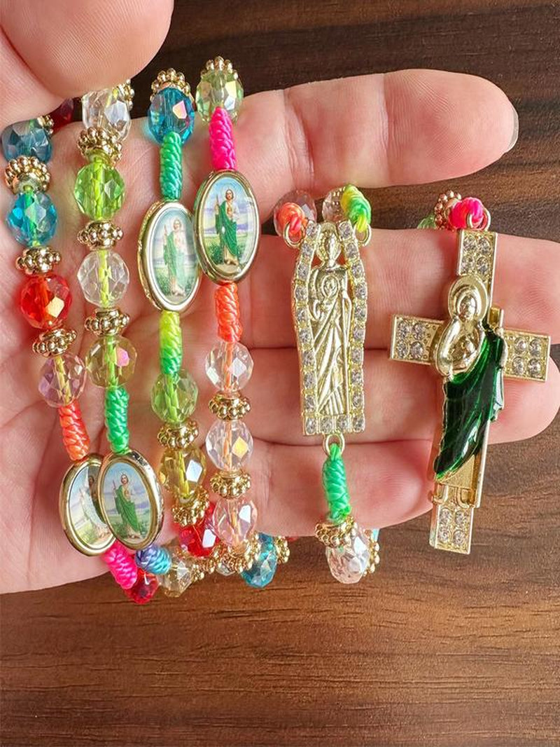 Rosary Saint Jude Virgin Mary Green Crystal Beads Catholic Necklace Cross Pendant Protection Blessing Charm Catholic Handmade Jewelry Gift Charms Car Hanging Charm Christmas Halloween Gift for Men Women