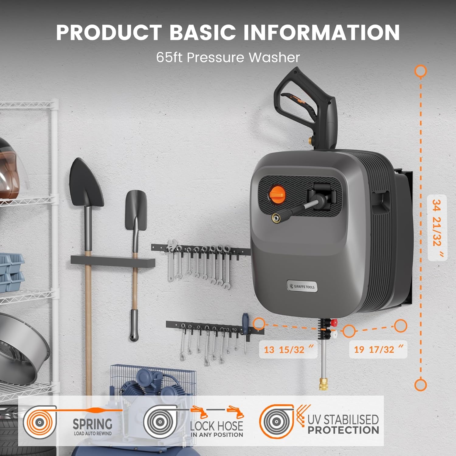 Grandfalls Pressure Washer G20 Pro, 2500 PSI 2.2 GPM, 180° Wall Mounted Power Washer, Auto-Retract with 65FT Hose Reel, 5 Nozzles for Floor/Cars/Fences/Patios, Dark Silver