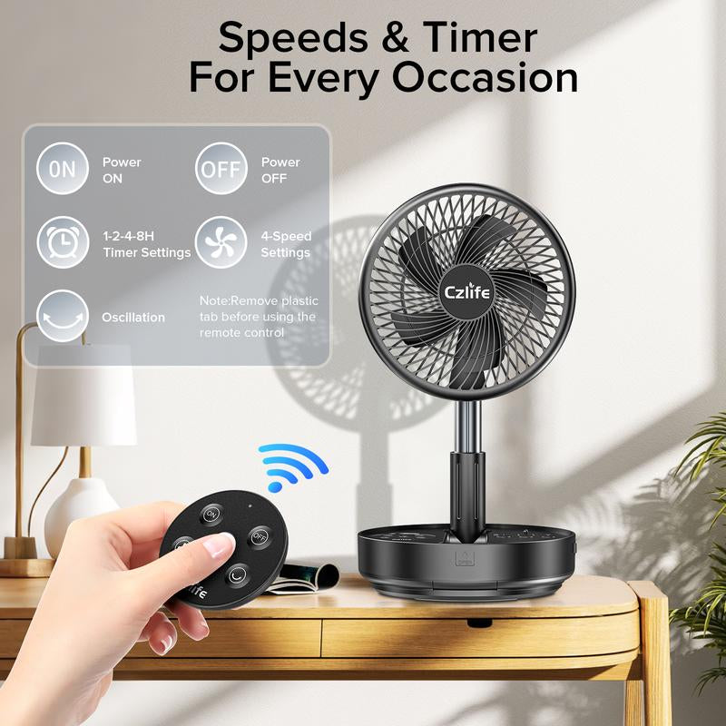 Czlife F9 Portable Fan, 10000Mah Rechargeable Battery Powered Travel Fan for Sleeping Camping Bedroom Outdoor, Cordless Floor Desk Fan, Oscillating Folding USB Fan with Remote,New Arrival, 4 Speed, Timer, 7.7"