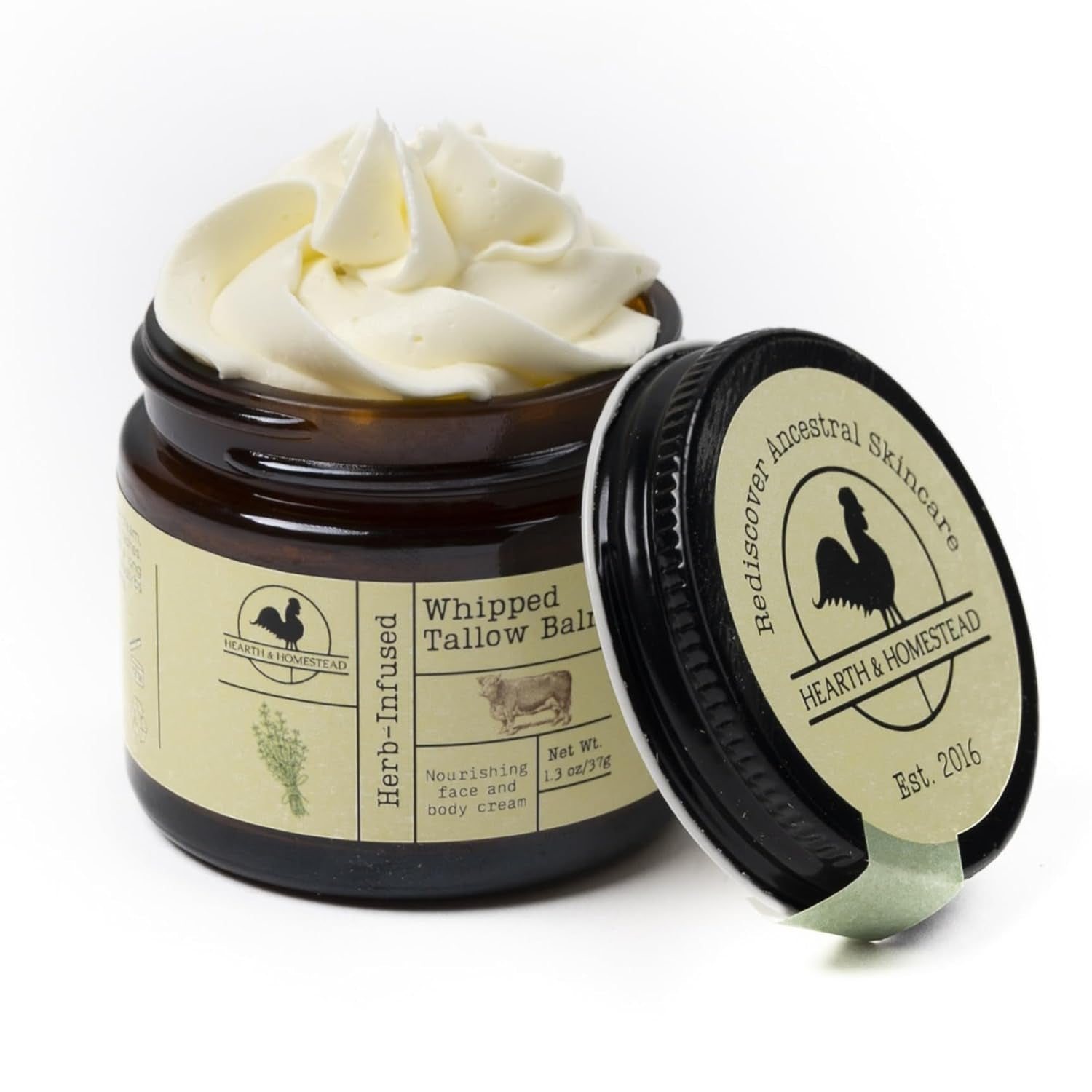 Handmade Whipped Tallow Balm (Unscented/Herb-Infused) - Organic Body Butter with Infused Olive Oil, for Eczema, Rosacea, Baby - 1.3 Oz