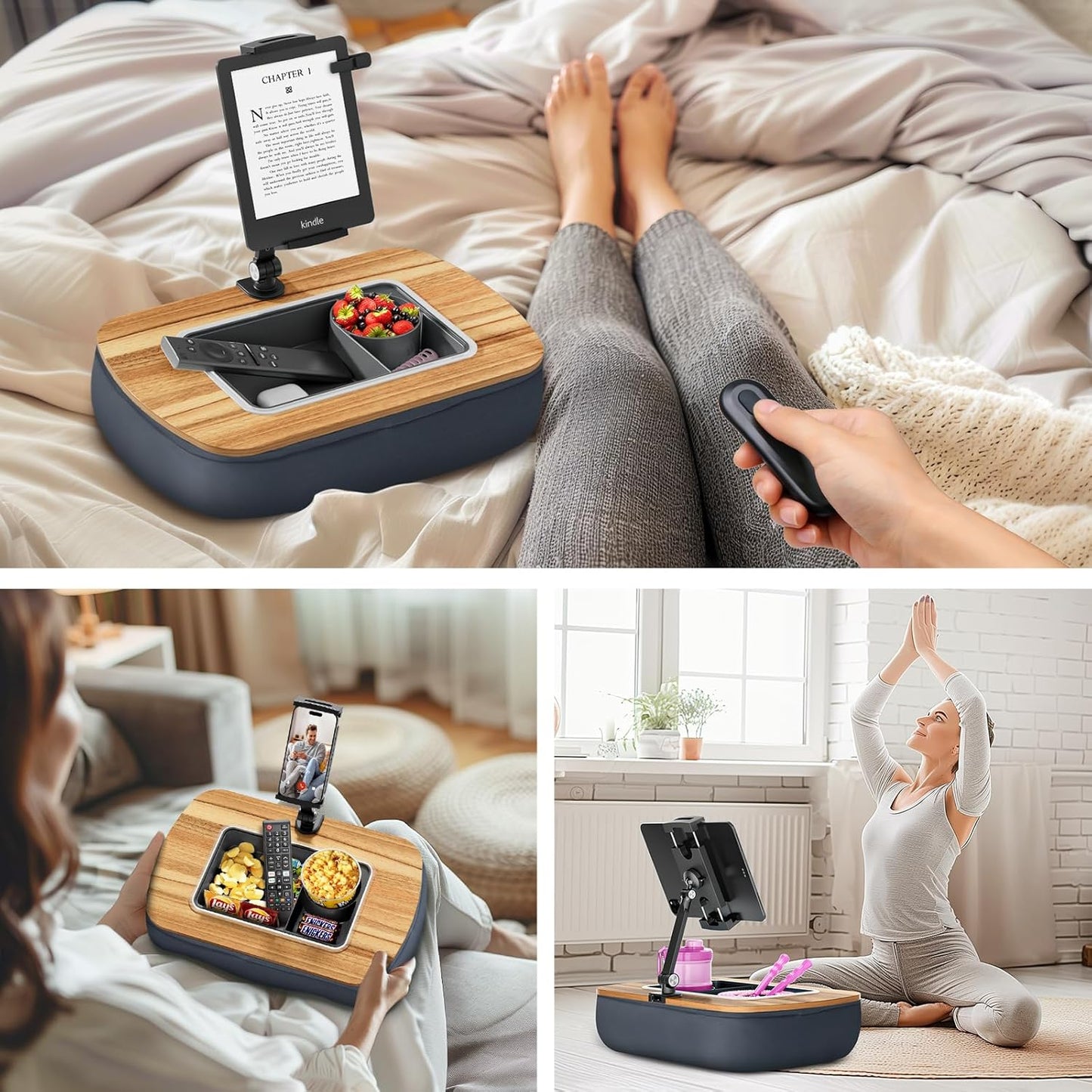 Lap Beanbag Tablet Pillow Stand,Adjustable Ipad Holder with Snack Bowl,360° Rotating Clip for 4.7-13" Kindle,Phone,Tablet.Ideal for Hands-Free Reading and Relaxation on Bed,Couch,Recliner,Gray