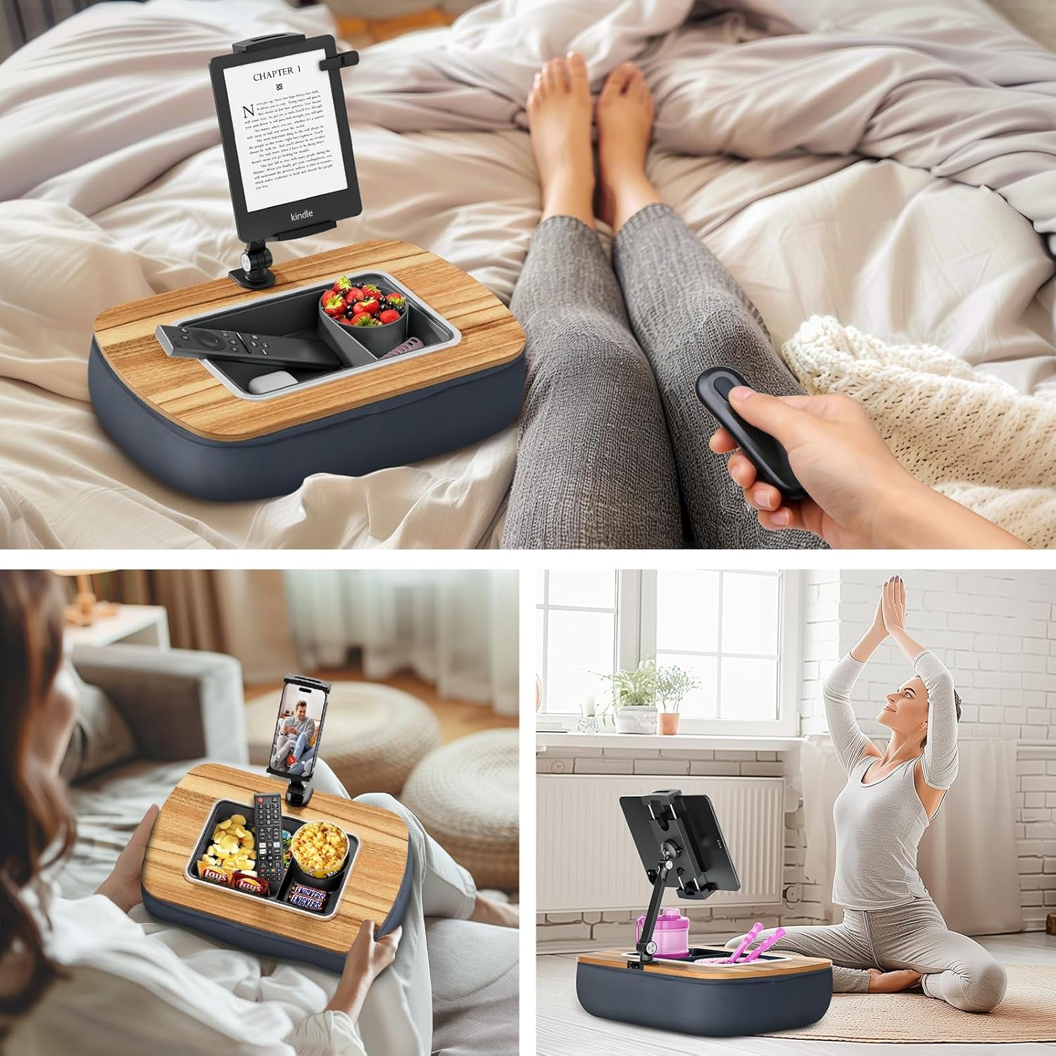 Lap Beanbag Tablet Pillow Stand,Adjustable Ipad Holder with Snack Bowl,360° Rotating Clip for 4.7-13" Kindle,Phone,Tablet.Ideal for Hands-Free Reading and Relaxation on Bed,Couch,Recliner,Gray