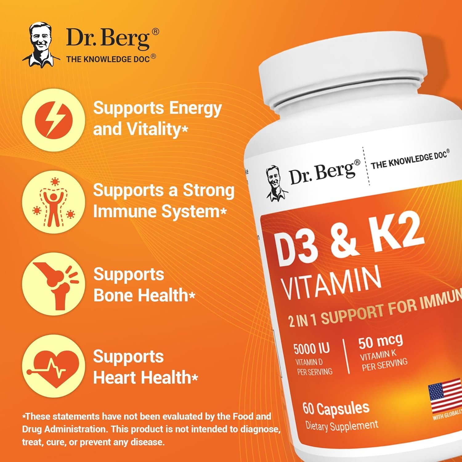 Dr. Berg Maximum Strength 7-In-1 Vitamin D3 K2 5000 IU | Naturally Derived D3 | 4X Lab-Tested & Verified | High Absorption Formula | K2 D3 Vitamin Supplement - 60 Capsules