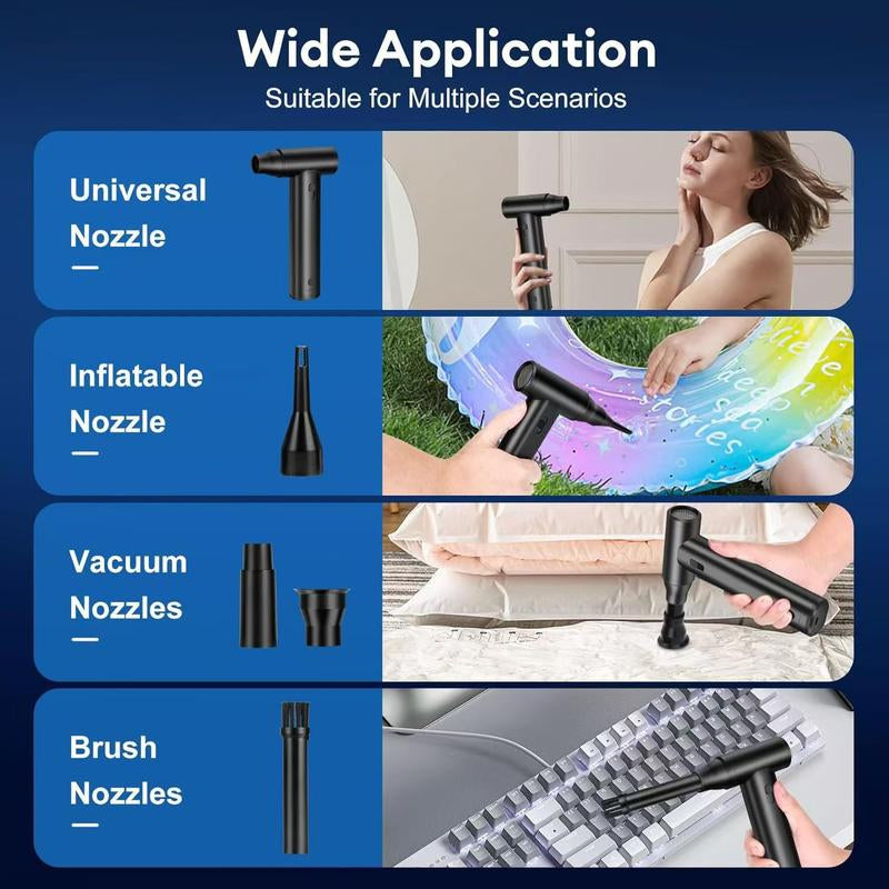 140000 Rpm-Integrated Vacuuming and Blowing in One Multi-Functional Fan for Car, Indoor, Computer Keyboard and Outdoor Use; 3 Adjustable Wind Power, Type-Charging for Blowing and Vacuuming, Yard Cleanup, Pet Hair