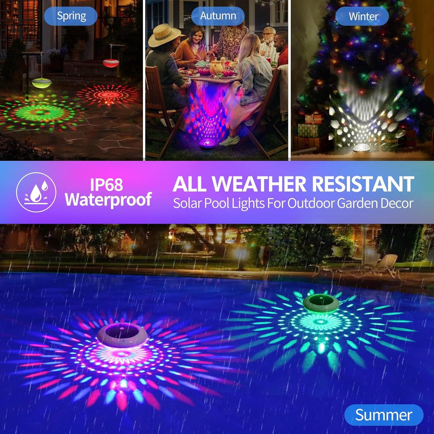 Floating Pool Lights W/Remote, 6.5 Inch RGB Color Changing Solar Pool Lights That Float with 9 Dynamic Lighting, IP68 Waterproof Hangable Solar Floating Light for Pool Garden Weeding Decor(2)