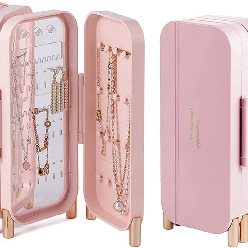 Foldable Jewelry Organizer Box for Women - 4-Layer Dustproof Earring Organizer & Rings Organizer with Mirror, Space-Saving Design