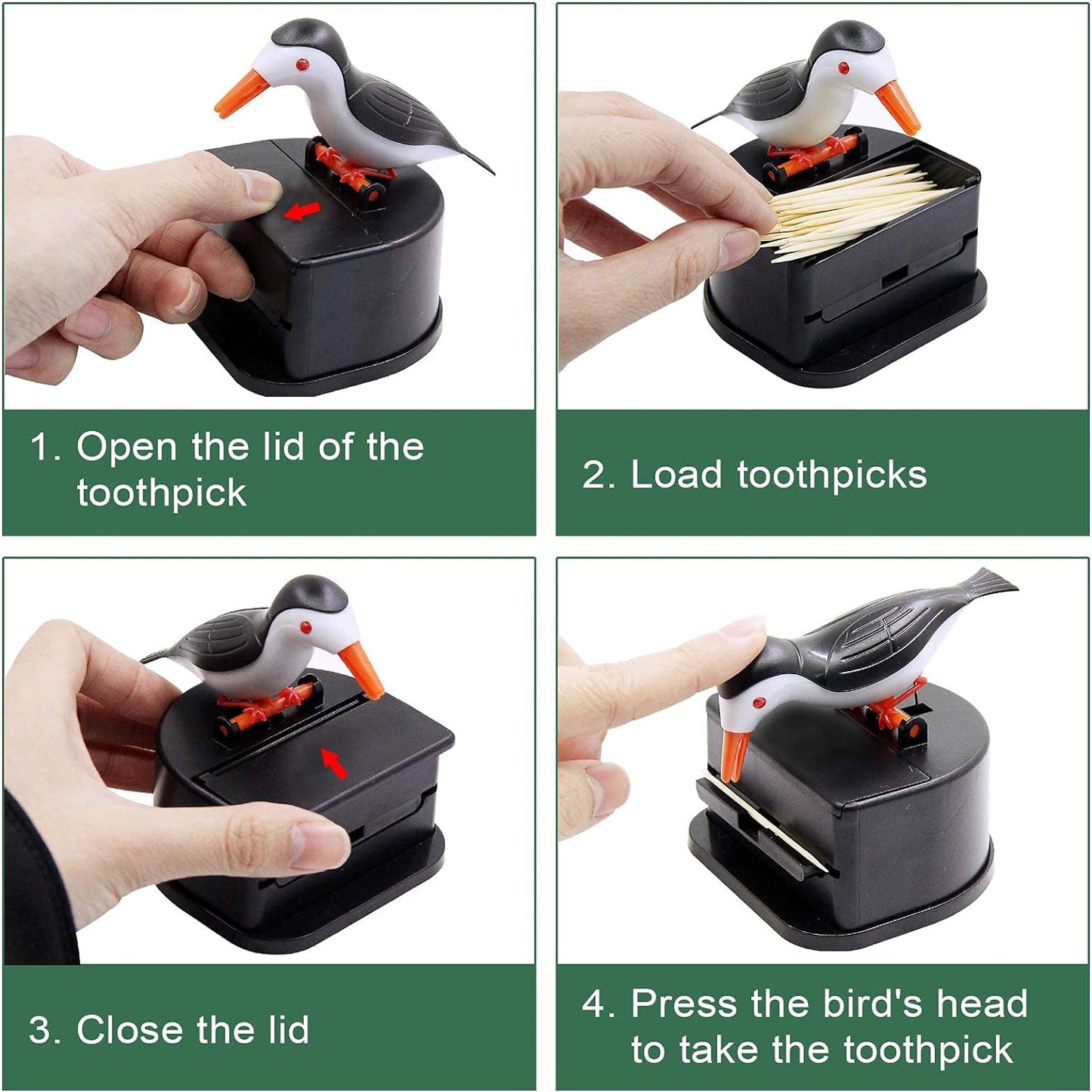 Little Bird Toothpick Dispenser, Creative Push-Type Toothpick Bird Dispenser, Toothpick Holder. (Black)