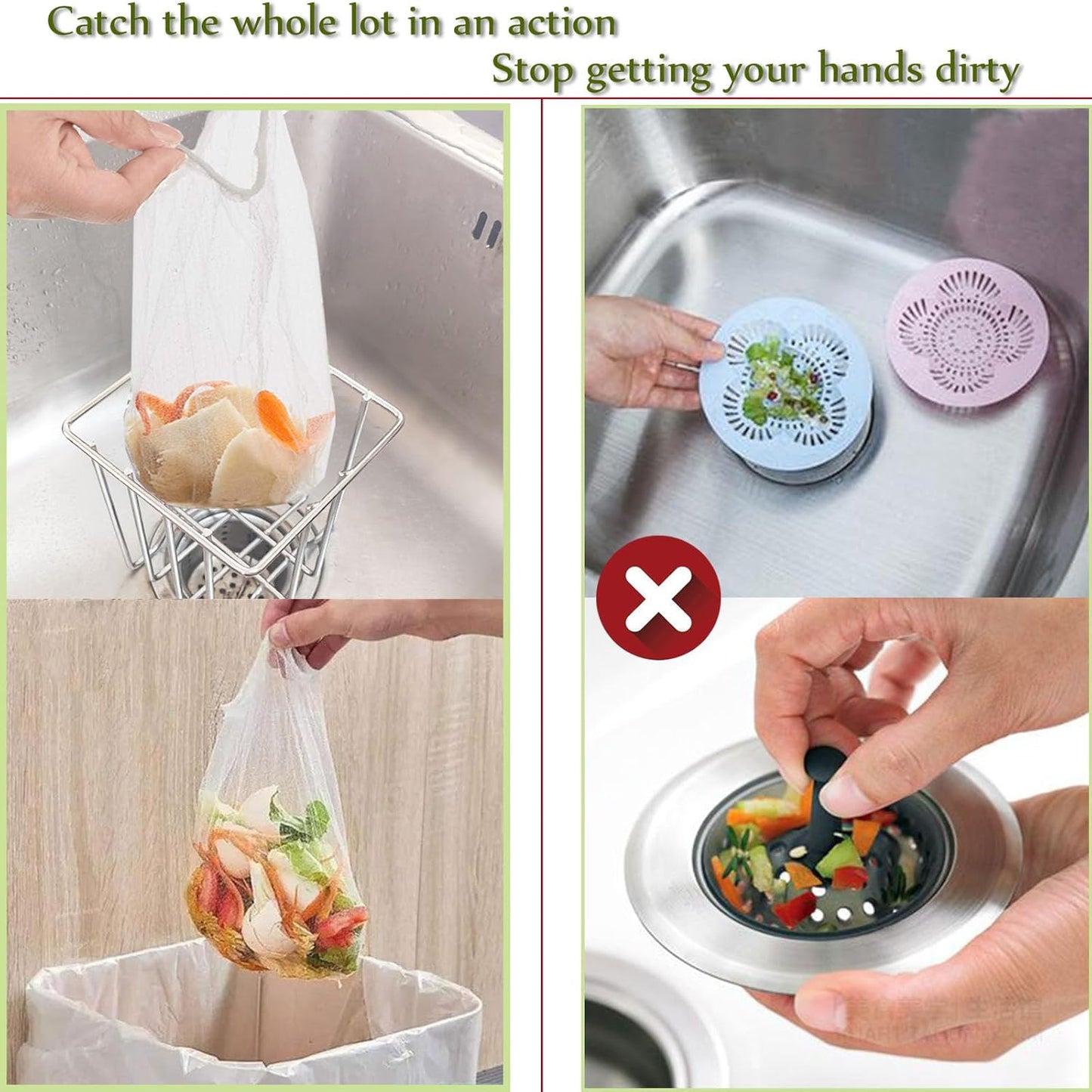 Kitchen Sink Strainer with Sink Basket Holder and 200 Strainer Net Bags,Food Catcher with Drain Filter Mesh Bag,Meshmate Waste Rack Trash Catcher for Leftovers.