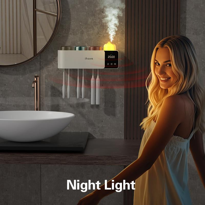 Ihave Toothbrush Holders with UV Toothbrush Sanitizer & Aromatherapy Diffuser - Turbo Air Heated Drying, Night Light & Clock - Wall-Mounted Bathroom Organizer , Stylish Decor & Storage