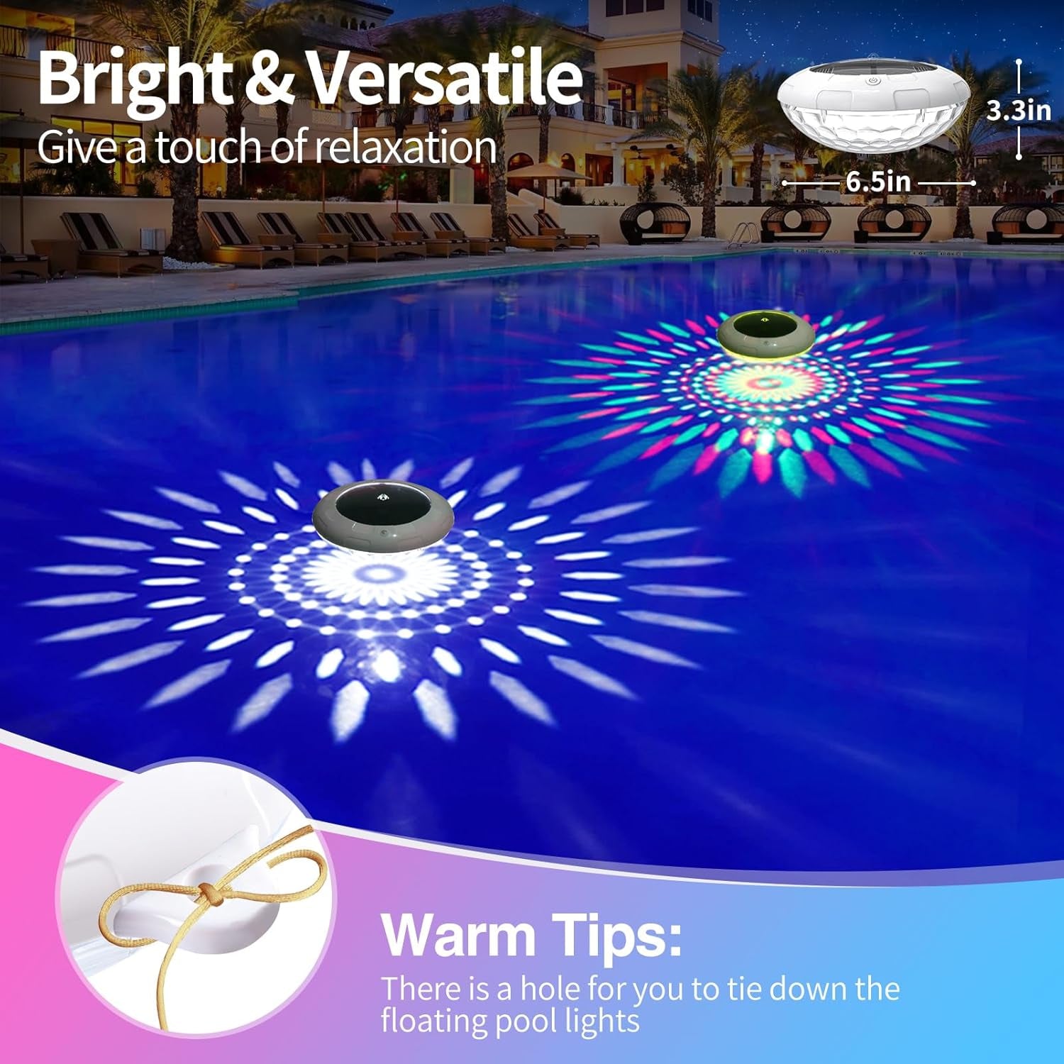 Floating Pool Lights W/Remote, 6.5 Inch RGB Color Changing Solar Pool Lights That Float with 9 Dynamic Lighting, IP68 Waterproof Hangable Solar Floating Light for Pool Garden Weeding Decor(2)