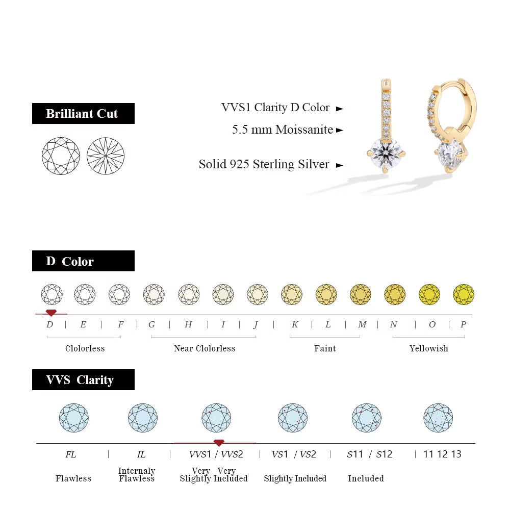 Full Moissanite Diamond Earring S925 Sterling Silver Gold Plated 4-Claws Eardrop for Women Wedding Jewelry High Quality