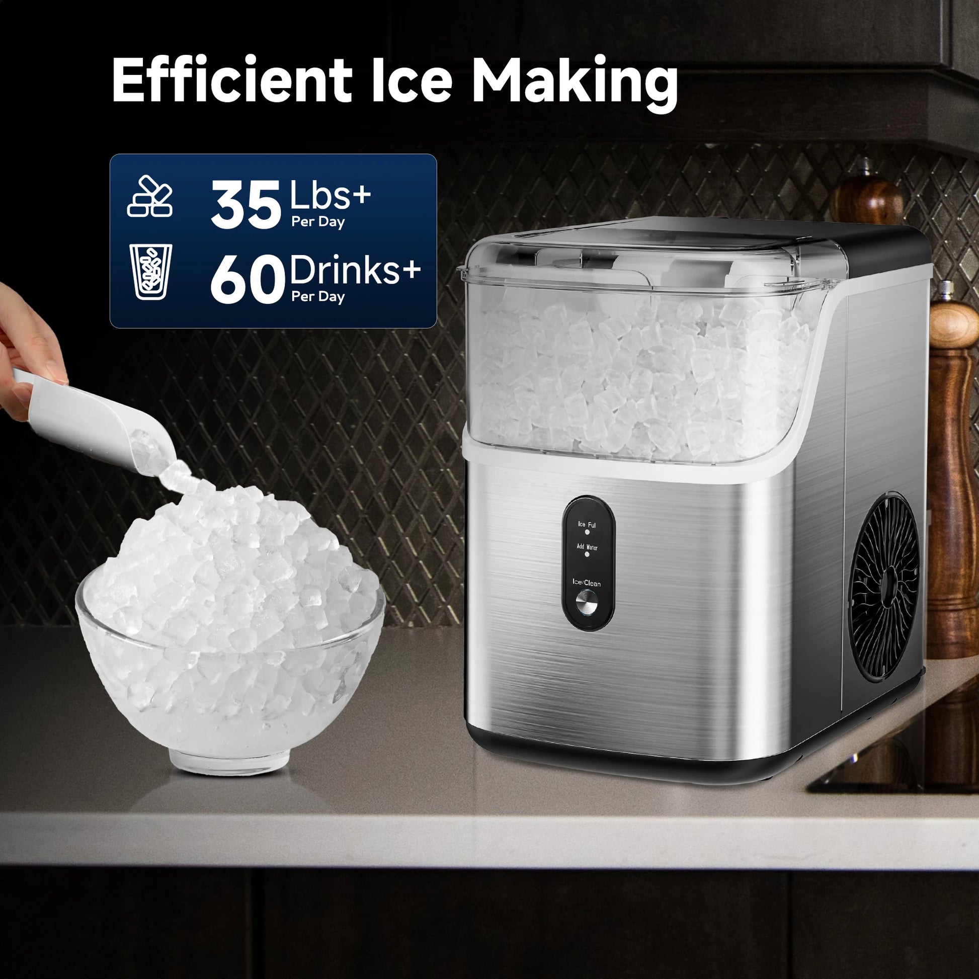 Nugget Ice Maker with Basket and Scoop,35Lbs/24Hour Soft Ice, Self-Cleaning, Portable Ice Maker for Home,Kitchen,Office