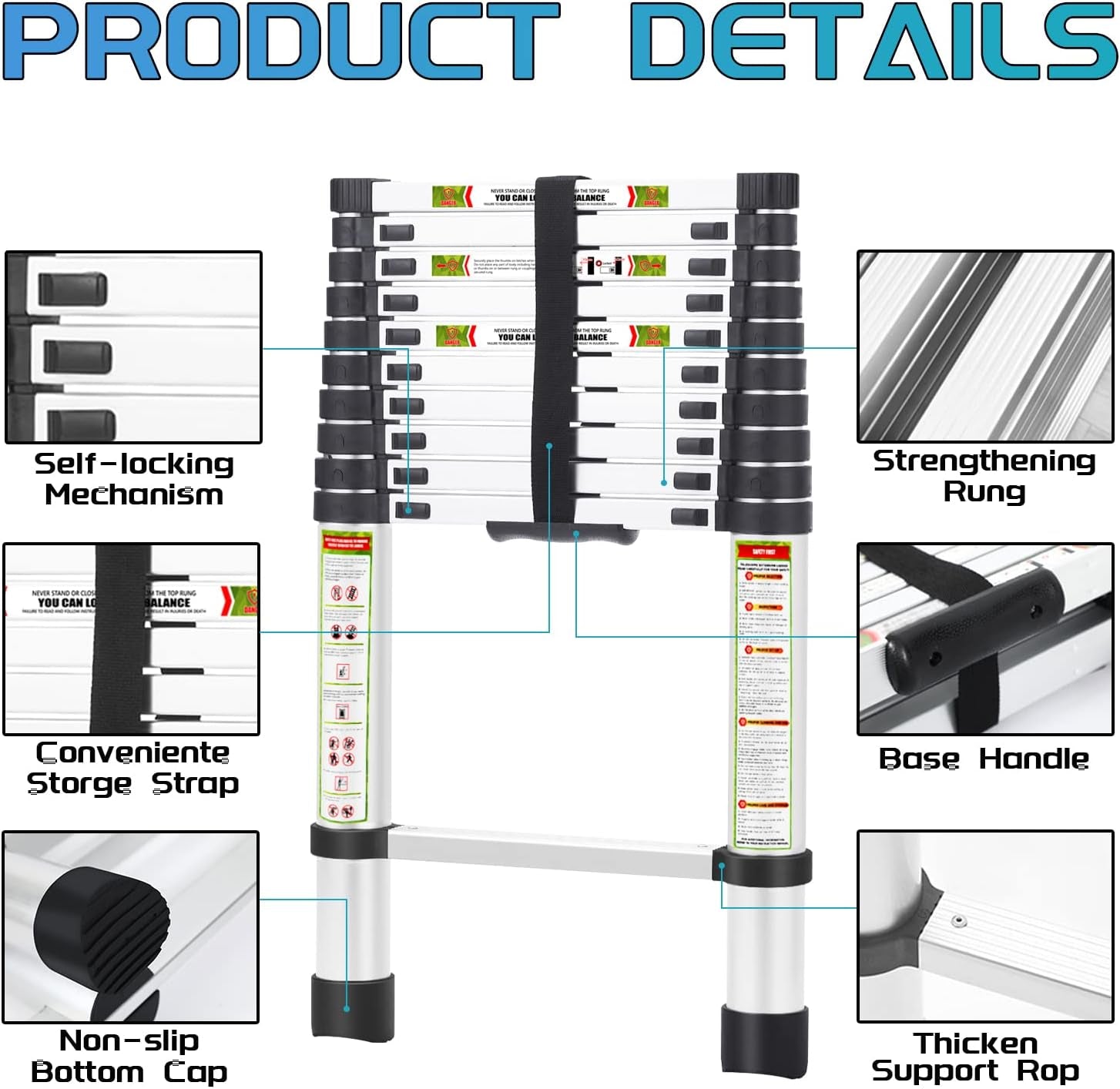 Telescoping Ladder 10.5FT & Attic Ladder, Heavy Duty Aluminum with Non-Slip Feet, 330Lb Capacity for RV, Attic, Roof & Multi-Surface Use