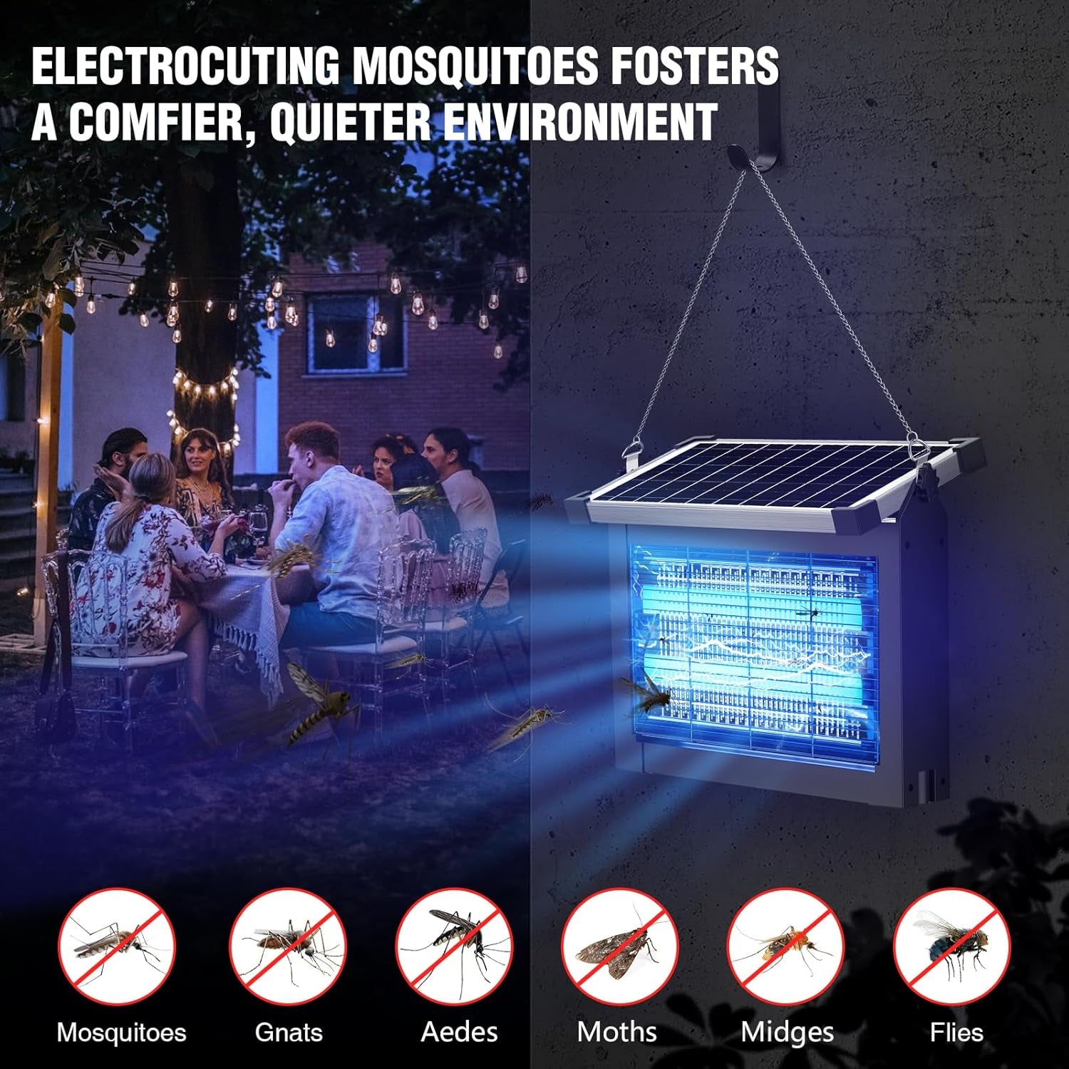 Solar Bug Zapper Outdoor, Wireless Portable Camping Mosquito Zapper with Panel Sensor, Fly Traps with 10FT Extension Cord, Fly Zapper, Mosquito Killer, Electric Trap Ideal for Home, Patio, Backyard