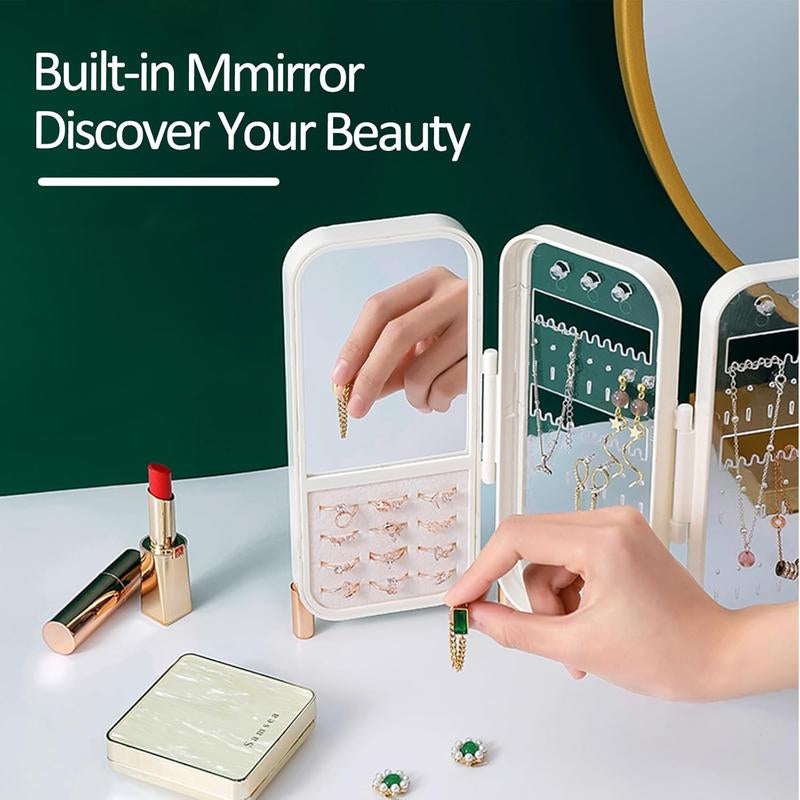 Foldable Jewelry Organizer Box for Women - 4-Layer Dustproof Earring Organizer & Rings Organizer with Mirror, Space-Saving Design