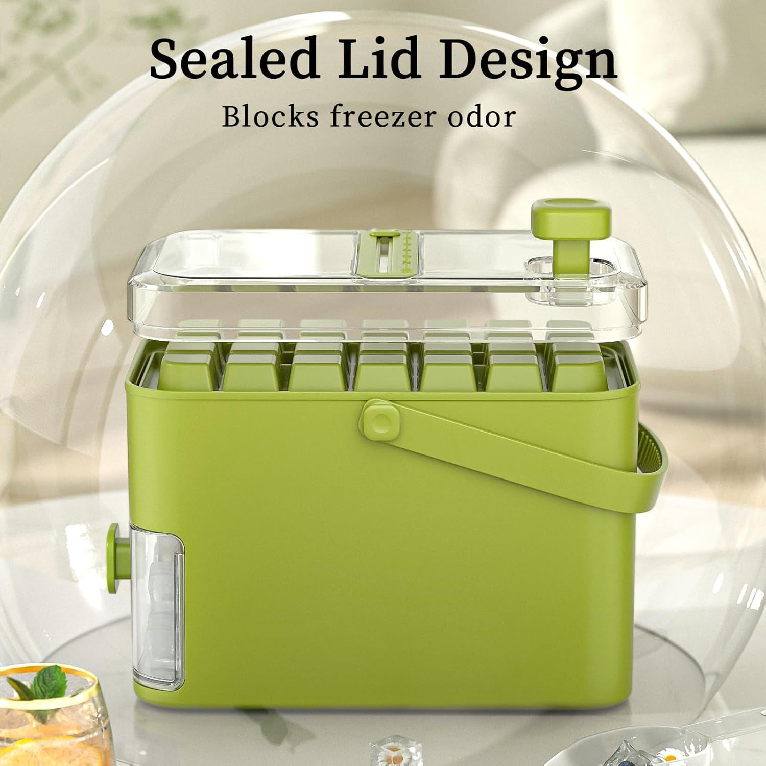 Compact Ice Cube Tray with Lid and Bin, with 2 round Ice Ball Molds, Bpa-Free, Easy Push-Release(Green)