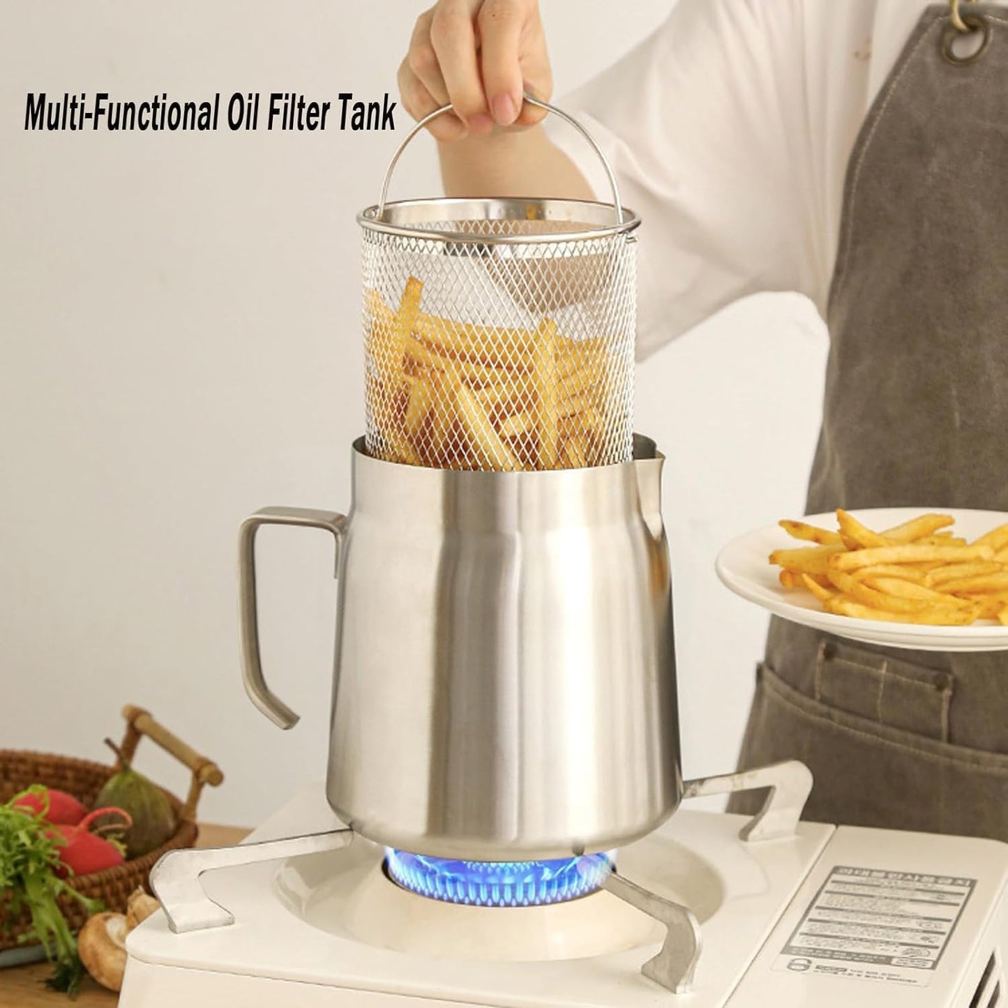 68Oz 304 Stainless Steel Oil Filter Pot Large Capacity Versatile Oil Filter Vessel Heavy Duty Stainless Steel Bacon Grease Container Multi-Function Frying Net Tank for Kitchen Camping (68Oz/2L)