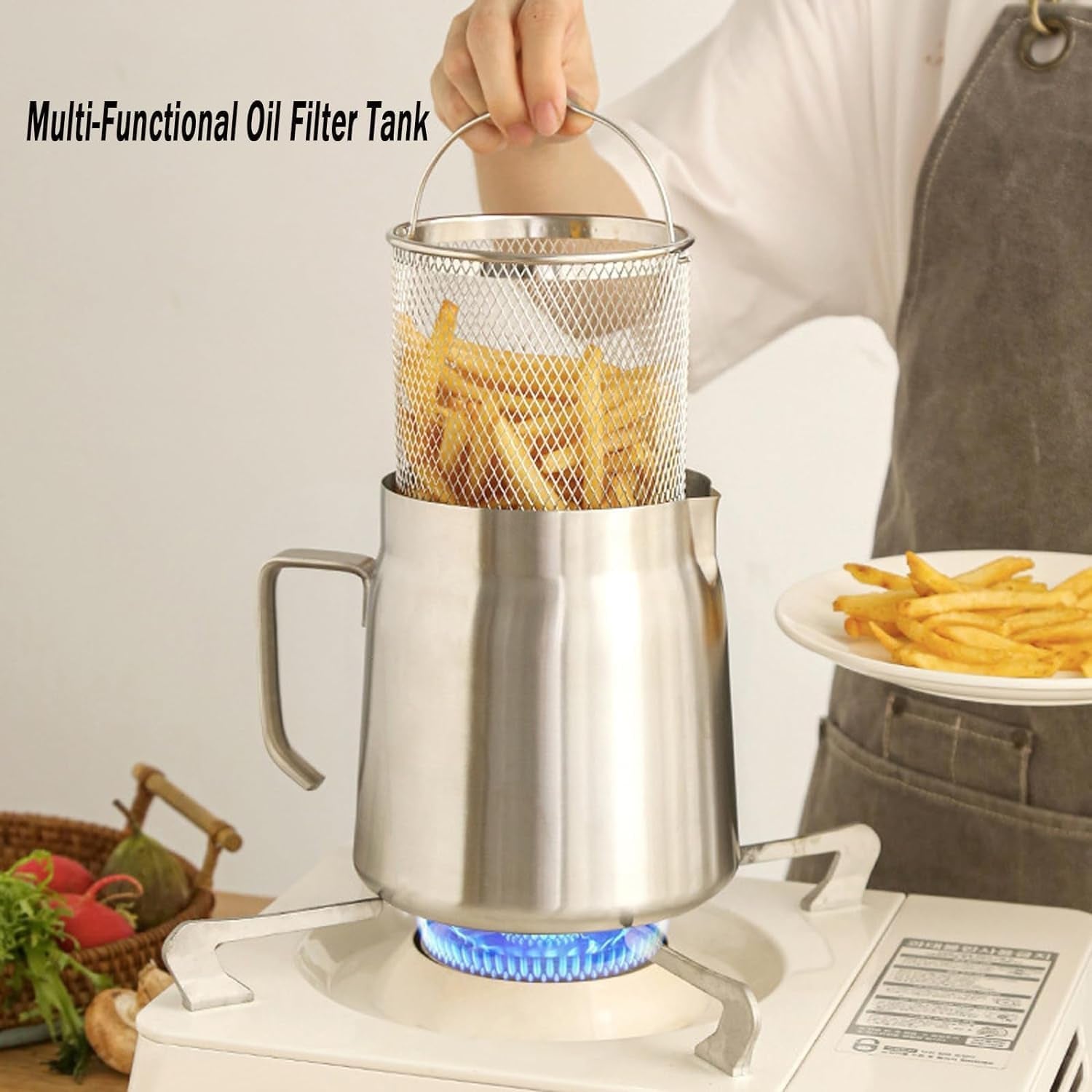 68Oz 304 Stainless Steel Oil Filter Pot Large Capacity Versatile Oil Filter Vessel Heavy Duty Stainless Steel Bacon Grease Container Multi-Function Frying Net Tank for Kitchen Camping (68Oz/2L)