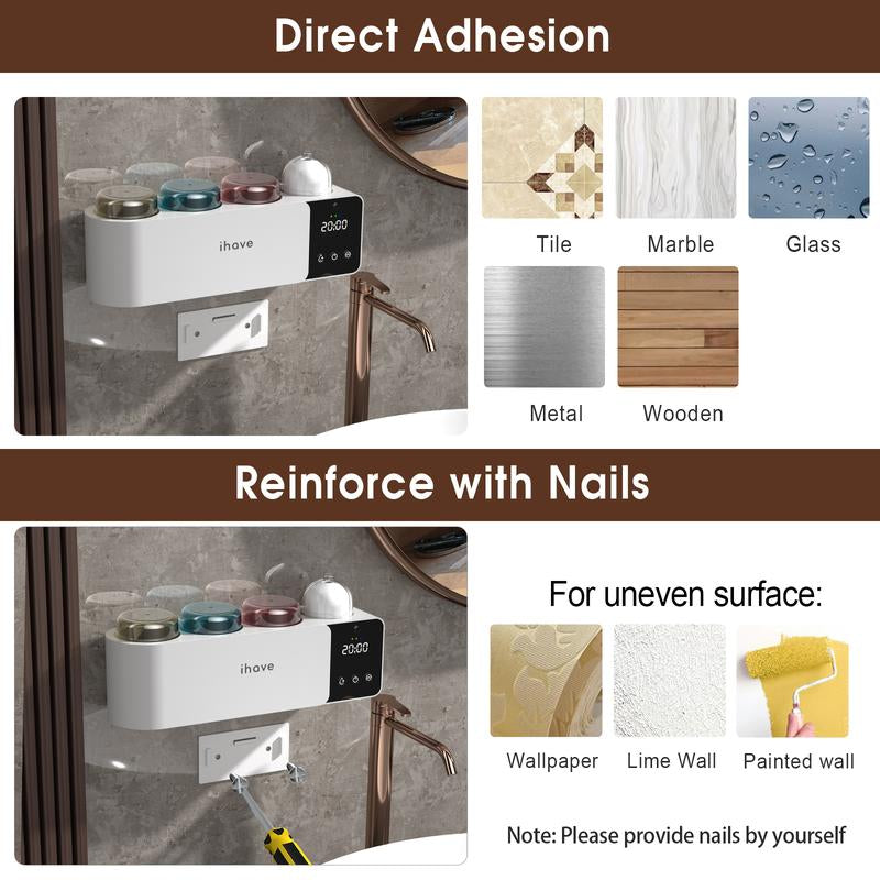Ihave Toothbrush Holders with UV Toothbrush Sanitizer & Aromatherapy Diffuser - Turbo Air Heated Drying, Night Light & Clock - Wall-Mounted Bathroom Organizer , Stylish Decor & Storage
