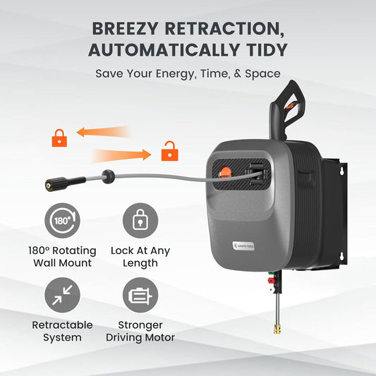 Grandfalls Pressure Washer G20 Pro, 2500 PSI 2.2 GPM, 180° Wall Mounted Power Washer, Auto-Retract with 65FT Hose Reel, 5 Nozzles for Floor/Cars/Fences/Patios, Dark Silver