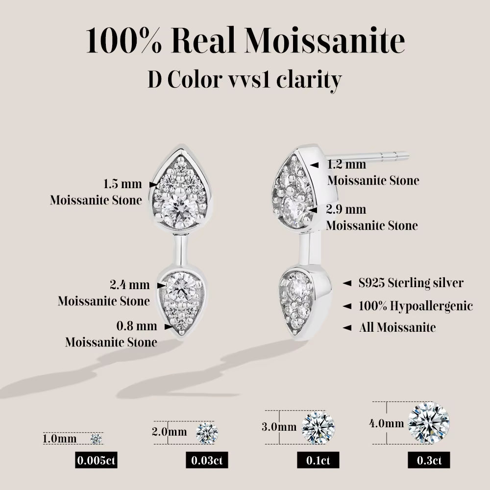 Classic Full Moissanite Stud Earring Double Teardrop Design S925 Sterling Silver 18Kgold Plated for Women Party Jewelry