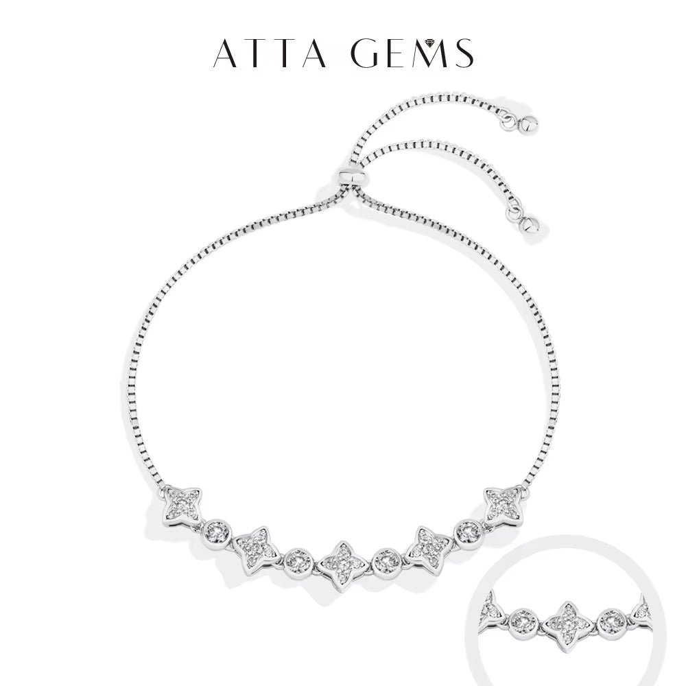 Moissanite Bracelet Four-Pointed Star S925 Sterling Silver for Women Girls Birthday Party Jewelry Gifts Adjustable 24Cm