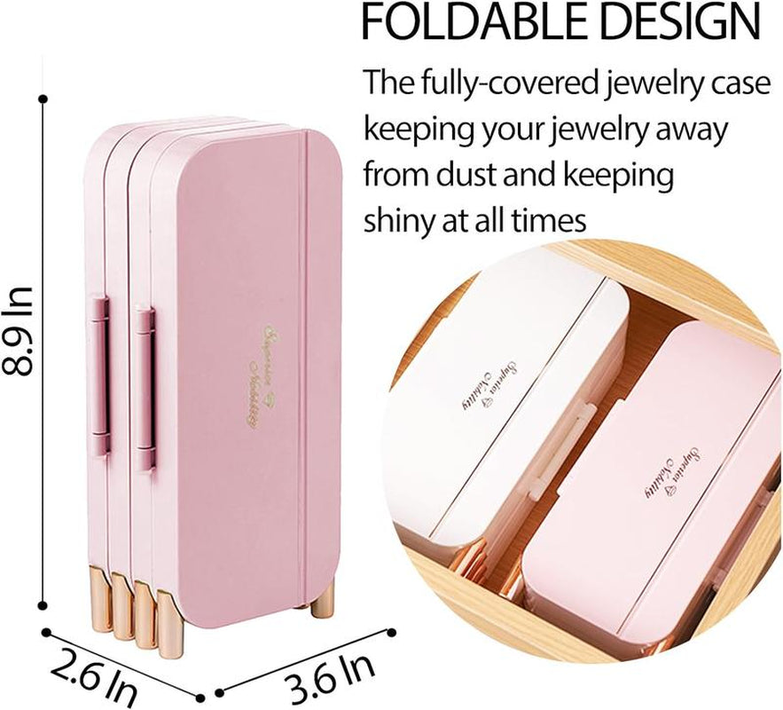 Foldable Jewelry Organizer Box for Women - 4-Layer Dustproof Earring Organizer & Rings Organizer with Mirror, Space-Saving Design