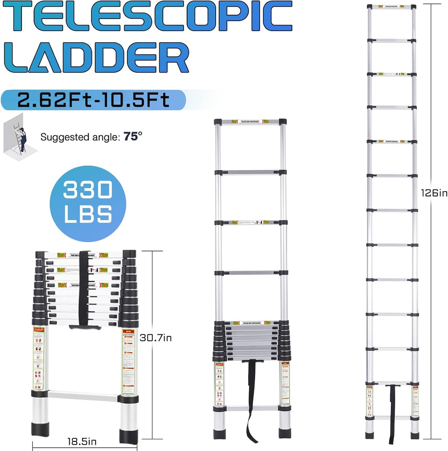 Telescoping Ladder 10.5FT & Attic Ladder, Heavy Duty Aluminum with Non-Slip Feet, 330Lb Capacity for RV, Attic, Roof & Multi-Surface Use