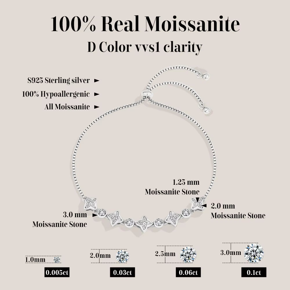 Moissanite Bracelet Four-Pointed Star S925 Sterling Silver for Women Girls Birthday Party Jewelry Gifts Adjustable 24Cm