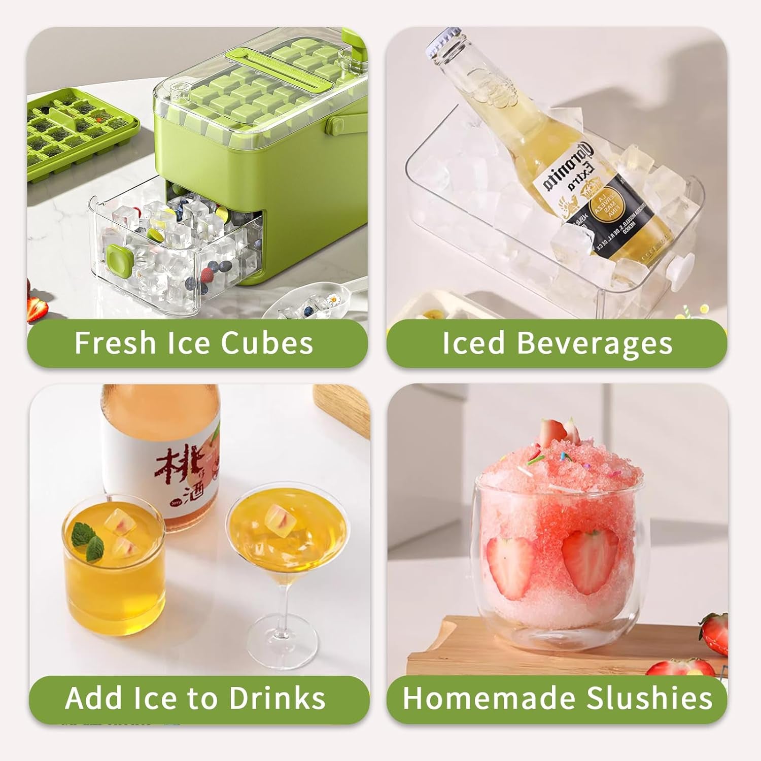 Compact Ice Cube Tray with Lid and Bin, with 2 round Ice Ball Molds, Bpa-Free, Easy Push-Release(Green)