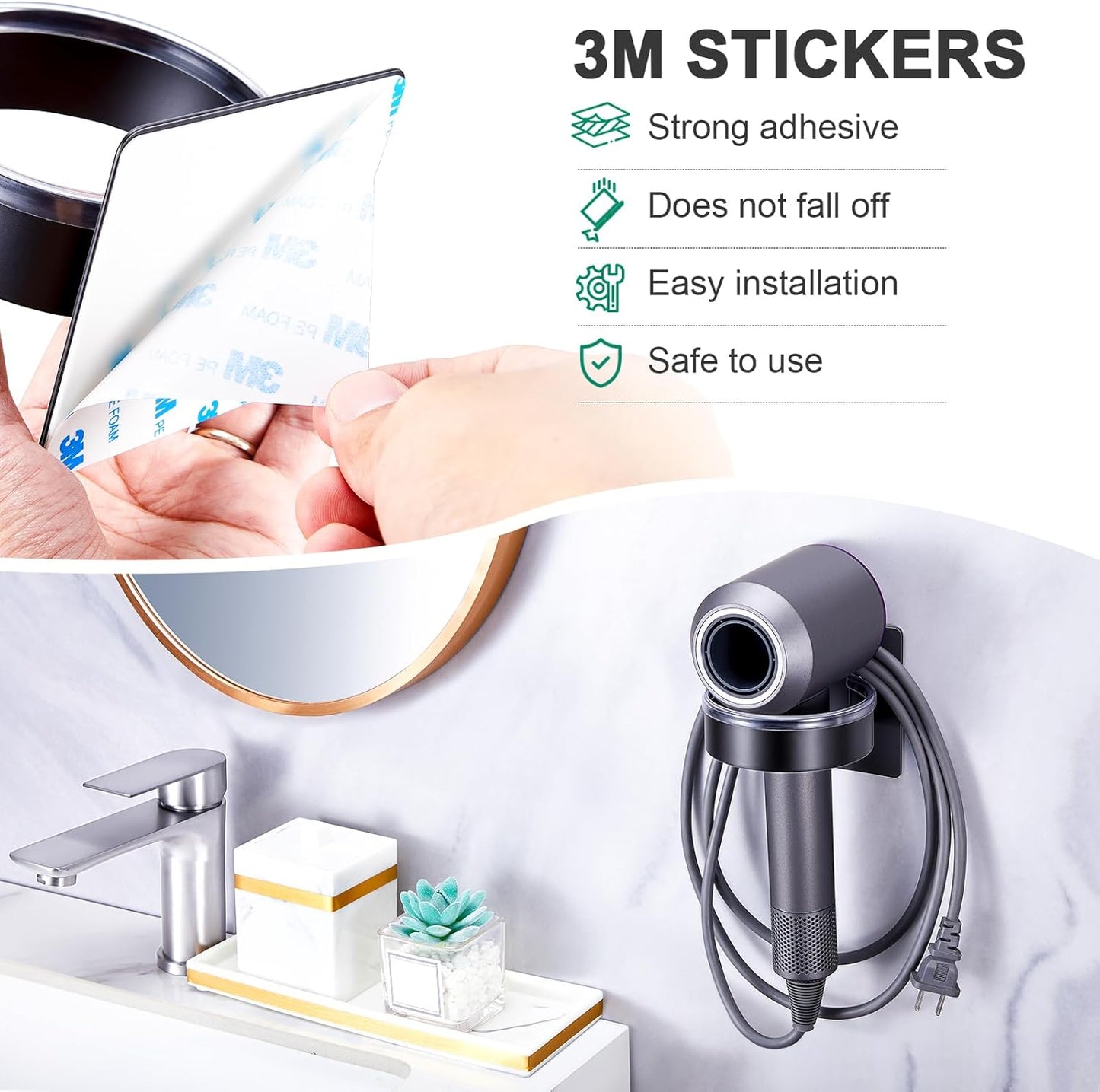Blow Dryer Holder Wall Mounted, Black Hair Dryer Holder, Stainless Steel Blow Dryer Organizer, Hair Tool Organizer for Hair Dryer Hanger, Adhesive Hair Dryer Storage for Bathroom Barber Shop