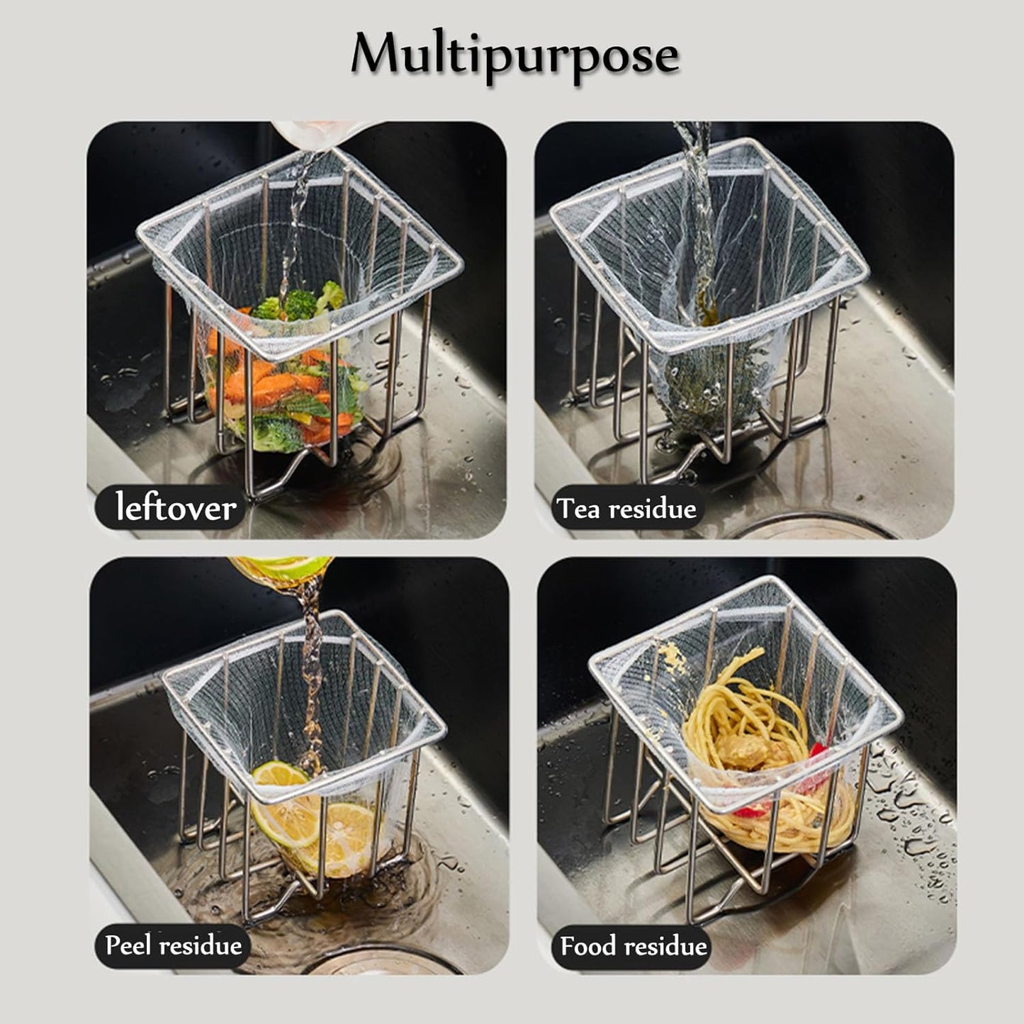 Kitchen Sink Strainer with Sink Basket Holder and 200 Strainer Net Bags,Food Catcher with Drain Filter Mesh Bag,Meshmate Waste Rack Trash Catcher for Leftovers.