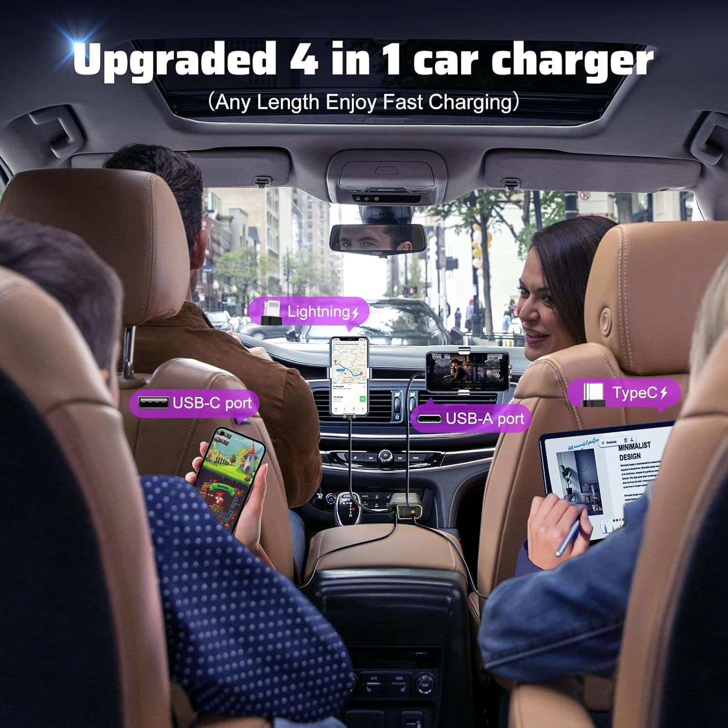 Starlight Retractable Car Charger: Car Accessories with Starlight in Car Roof, Car Chargers USB C, Fast Charging Adapter & Dual Charge Ports, 4 in 1 Car Phone Charger for Iphone Ipad Airpods