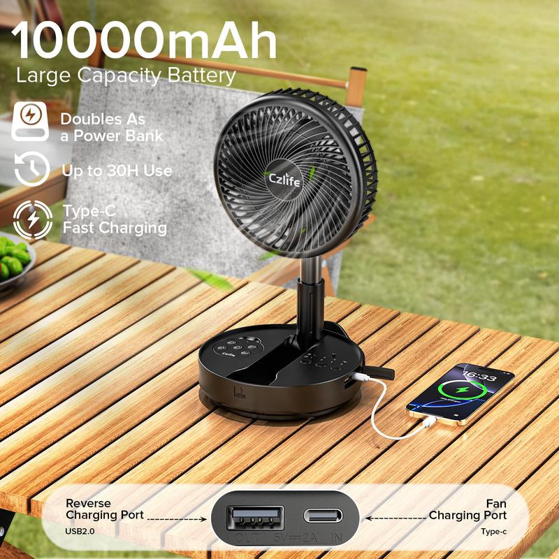 Czlife F9 Portable Fan, 10000Mah Rechargeable Battery Powered Travel Fan for Sleeping Camping Bedroom Outdoor, Cordless Floor Desk Fan, Oscillating Folding USB Fan with Remote,New Arrival, 4 Speed, Timer, 7.7"