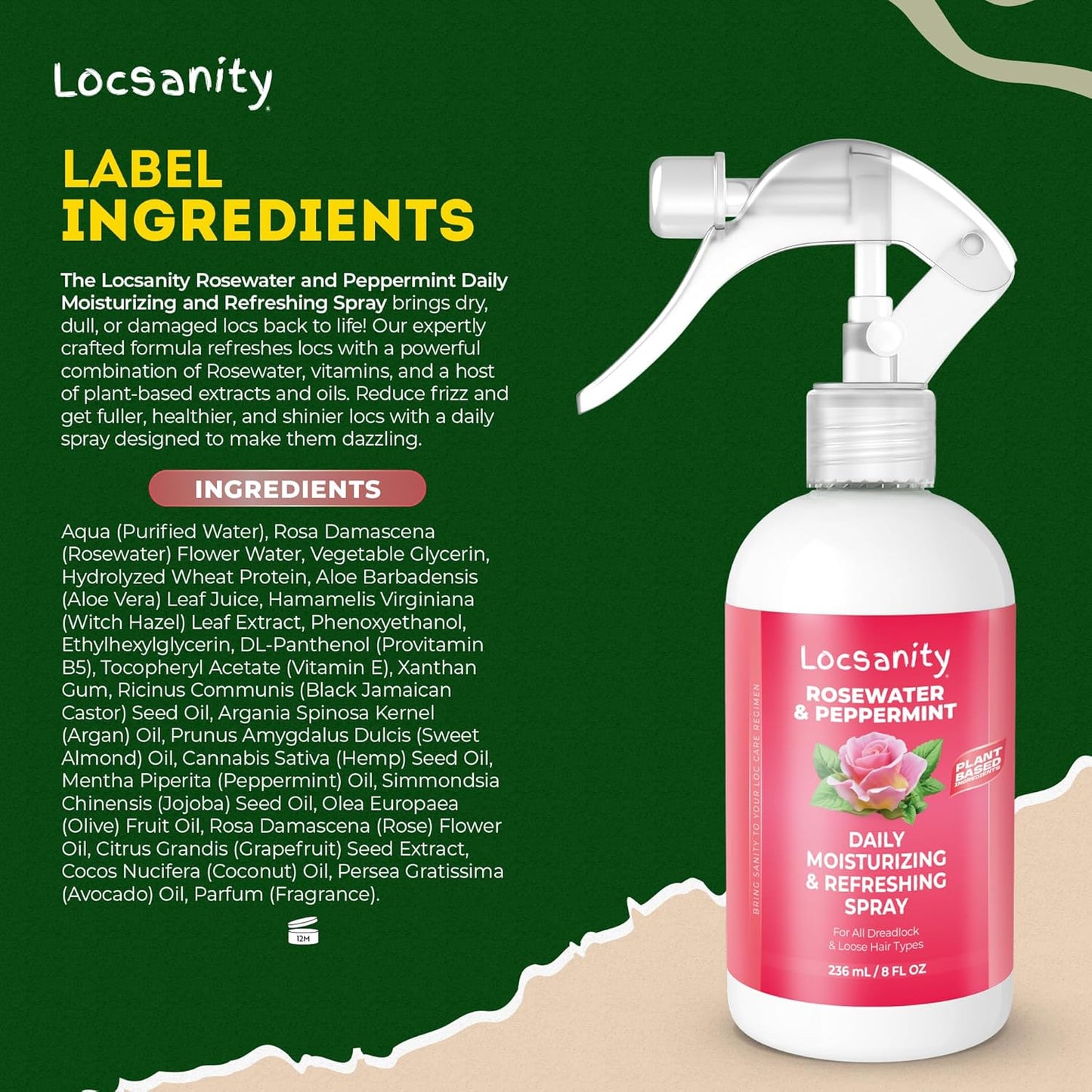 Daily Moisturizing Refreshing Spray for Locs, Dreadlocks - Rose Water and Peppermint Hair Scalp Moisturizer, Dreadlock Spray - Natural Loc Care and Maintenance (8Oz)
