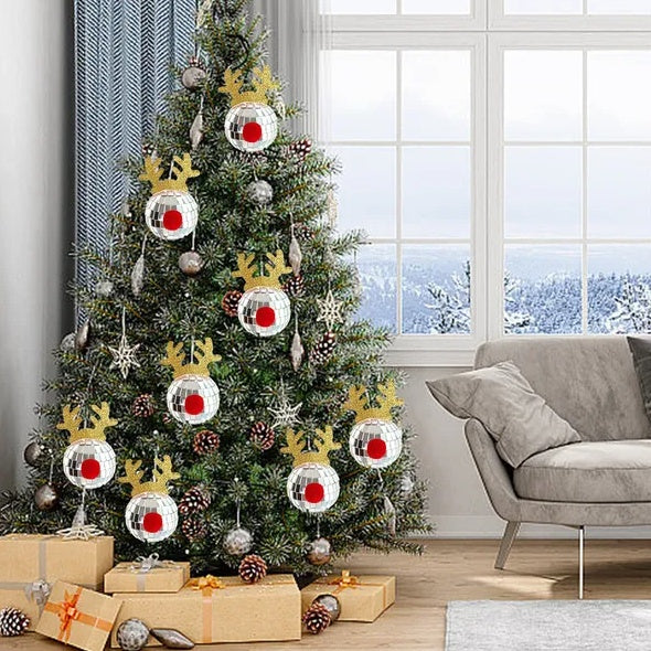 5PCS Silver Disco Mirror Elk Horn Christmas Balls Hanging Ornaments