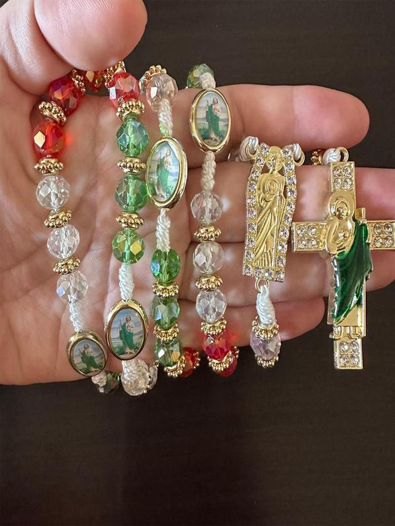 Rosary Saint Jude Virgin Mary Green Crystal Beads Catholic Necklace Cross Pendant Protection Blessing Charm Catholic Handmade Jewelry Gift Charms Car Hanging Charm Christmas Halloween Gift for Men Women