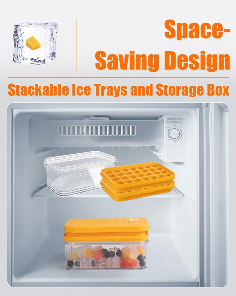 Ice Cube Tray with Lid&Bin, Ice Cube Mold with 56 Cubes, Stackable Ice Trays for Freezer with Easy-Release Silicone Bottom, for Drinks, Coffee, Cocktail