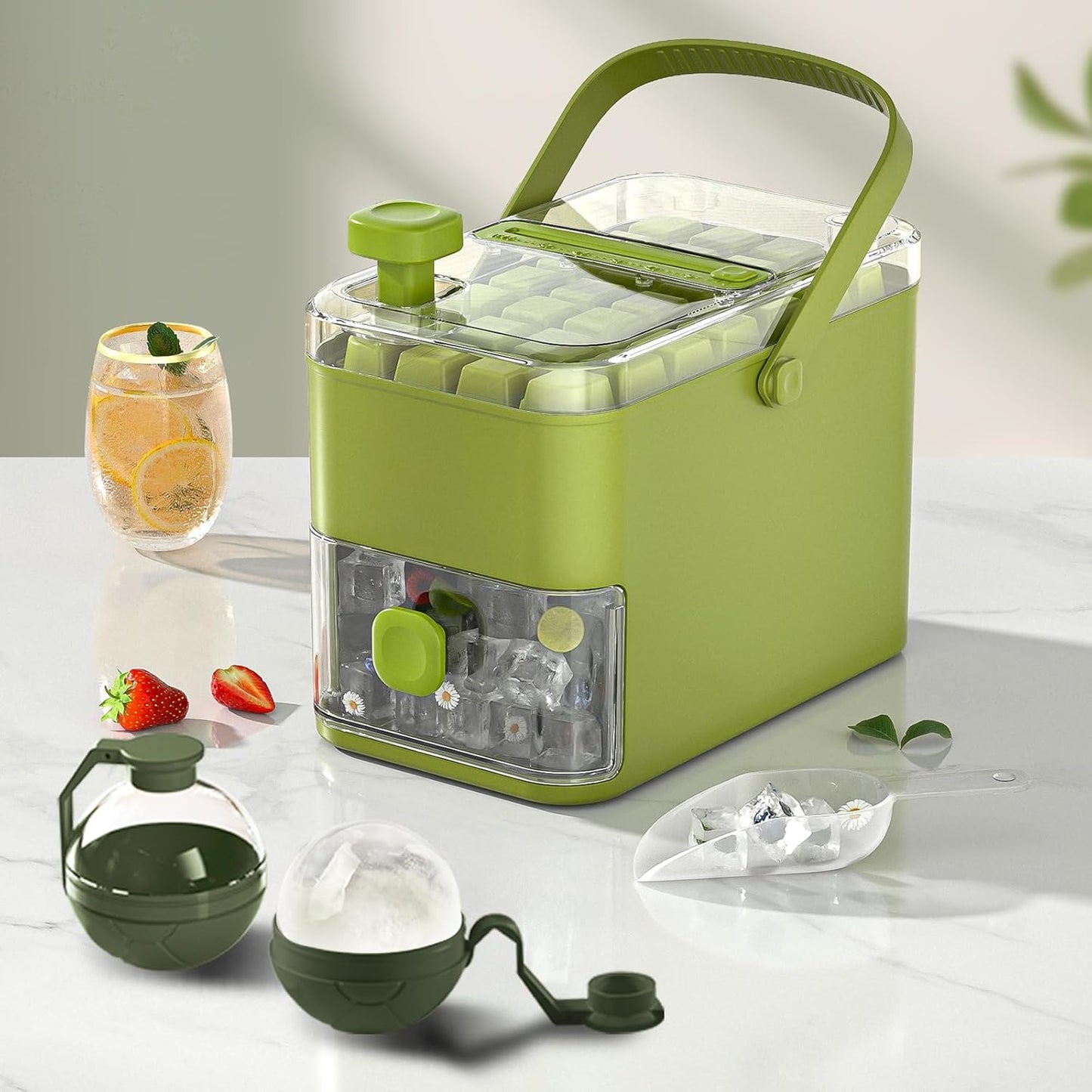 Compact Ice Cube Tray with Lid and Bin, with 2 round Ice Ball Molds, Bpa-Free, Easy Push-Release(Green)