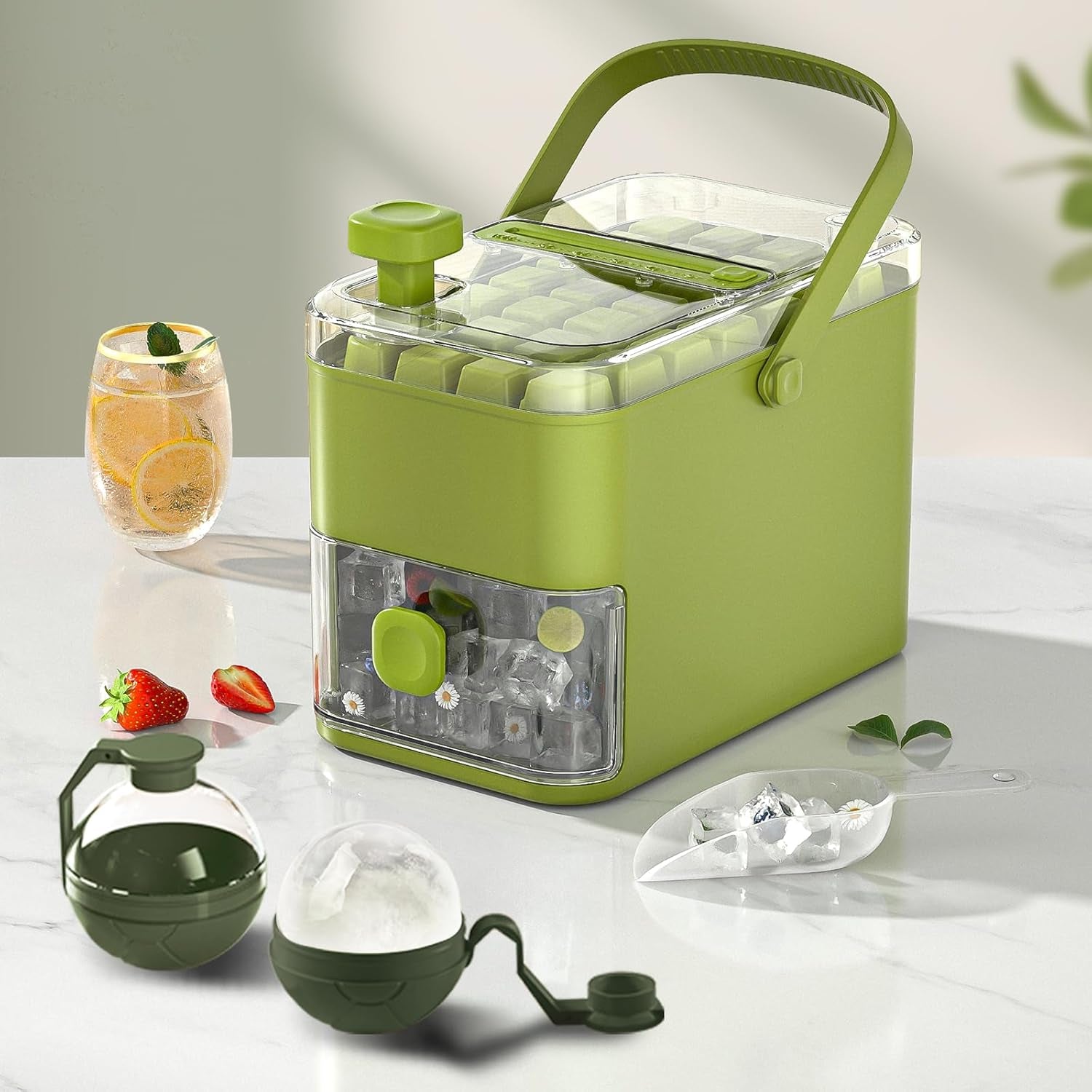 Compact Ice Cube Tray with Lid and Bin, with 2 round Ice Ball Molds, Bpa-Free, Easy Push-Release(Green)